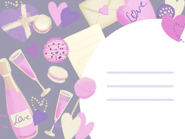 Cornice romantica con amore illustrazione sfondo per San Valentino carta di vacanza in colore rosa viola — Foto Stock
