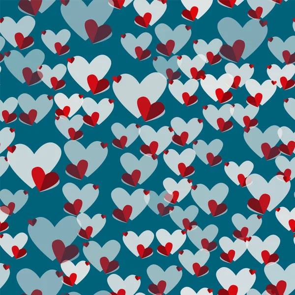 Nahtloses Muster mit rot-grauen Herzen auf blauem Hintergrund — Stockvektor