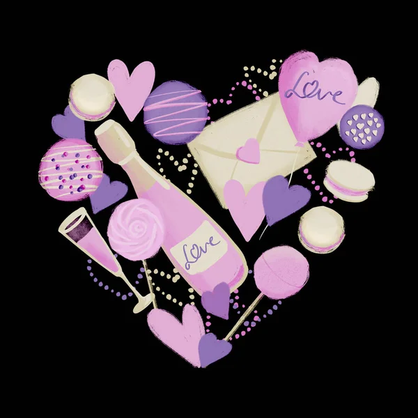 San Valentino simboli illustrazione a forma di cuore in rosa viola colore su uno sfondo nero — Foto Stock