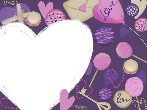 Heart frame with love background illustration in pink purple color for Valentine holiday card — Stock Photo, Image