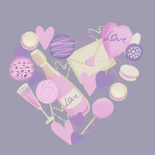 Simboli di San Valentino illustrazione a forma di cuore in colore rosa viola — Foto Stock