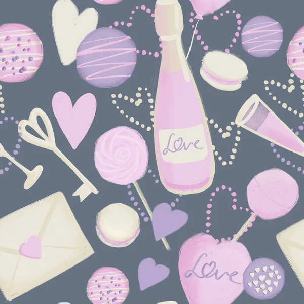 Sfondo senza cuciture modello San Valentino con l'amore illustrazione in colore rosa viola — Foto Stock