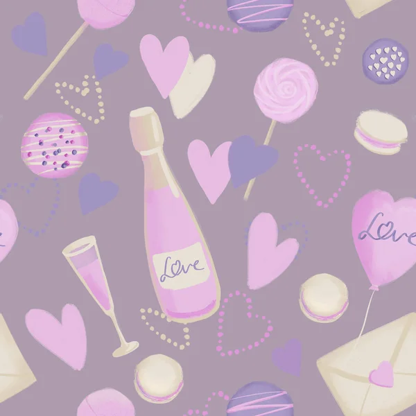 Seamless pattern with romantic objects illustration on Valentine holiday in pink violet color — Stock Photo, Image