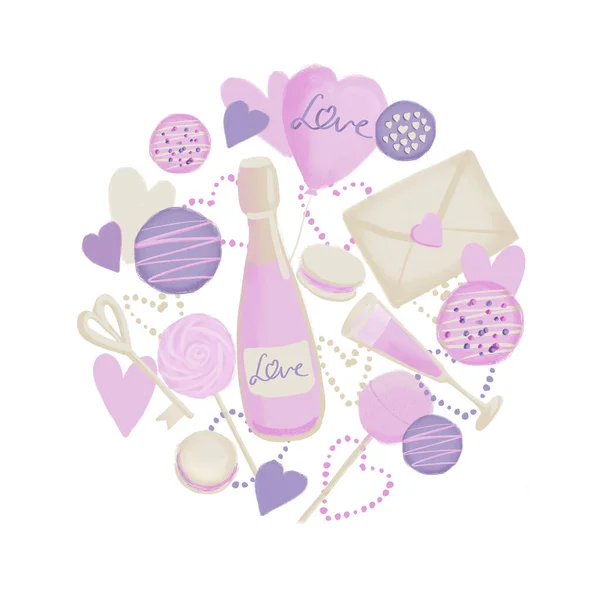 Illustrazione Simboli Amore Forma Cerchio Colore Viola Rosa Isolato Sfondo — Foto Stock