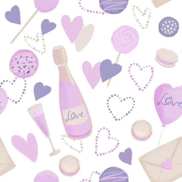 Modello senza soluzione di continuità con sfondo romantico amore sumbol illustrazione per San Valentino vacanza in colore rosa viola su sfondo bianco — Foto Stock