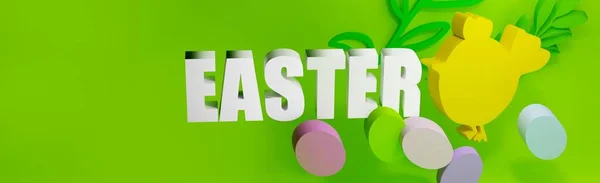 Ostern 3D-Rendering Banner oder Grußkarte. Dekoration mit Eiern und Hühnern auf hellgrünem Hintergrund — Stockfoto