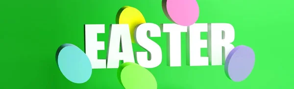 Ostern 3D-Rendering Banner oder Grußkarte. Dekoration mit Eiern auf hellgrünem Hintergrund — Stockfoto