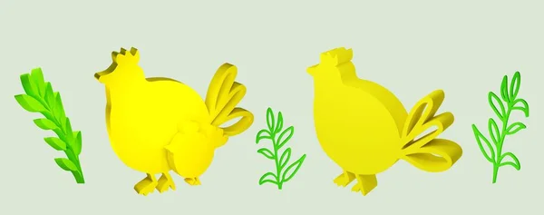3d face ilustrație găină de culoare galbenă cu puicuță izolată — Fotografie, imagine de stoc
