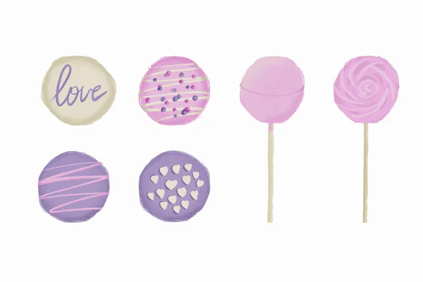Set di illustrazioni di caramelle Marshmallow, amaretto in colore rosa e viola isolato su sfondo bianco — Vettoriale Stock