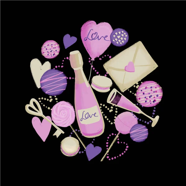 Illustrazione di simboli di amore caramelle, lettera, palloncino, cuori, champagne a forma di cerchio in colore rosa viola su sfondo nero — Vettoriale Stock