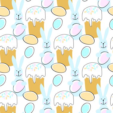 Tavşan, Paskalya pastası ve beyaz arka planda yumurta eşliğinde kusursuz bir desen.