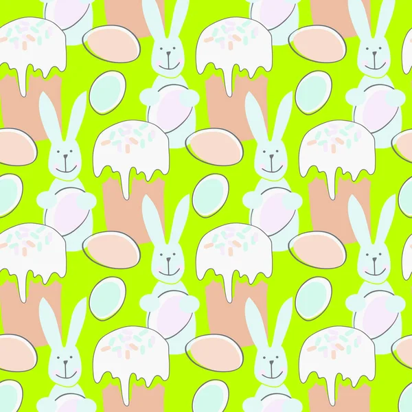 Бесшовный узор с пасхальной иллюстрацией с кроликом, пасхальным тортом и яйцом на зеленом фоне — стоковое фото