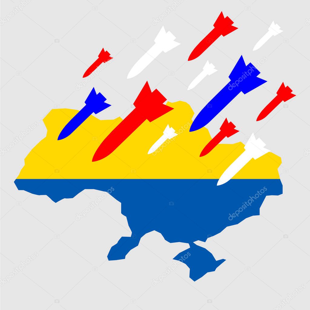 No war in Ukraine concept illustration with country map and air bombs attack