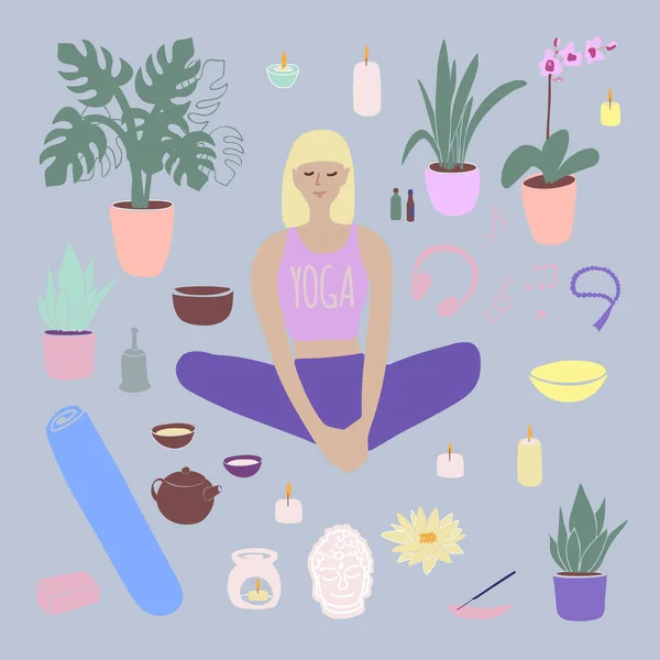 Yoga set illustration Girl doing yoga at home — стоковый вектор