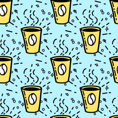 Kusursuz desenli Illustration Kahve fincanı karalama tarzı mavi sarı renkte