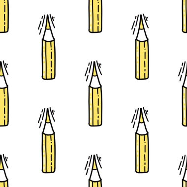 Beyaz arkaplanda karalama tarzında sarı bir kalem tasviri olan kusursuz desen