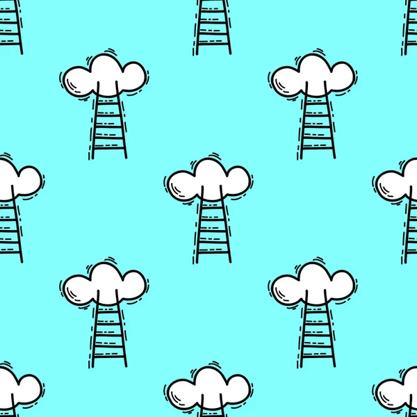 Seamless pattern with Illustration ladder to the cloud in a doodle style on blue background — 图库矢量图片