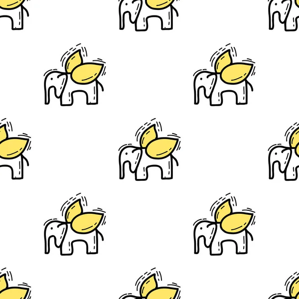 Sömlös mönster med Illustration elefant med vingar en klotter stil svart gul färg på vit bakgrund — Stock vektor