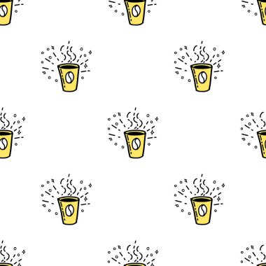 Kusursuz desenli, resimli kahve fincanı. Beyaz arka planda, karalama tarzı sarı renkli.