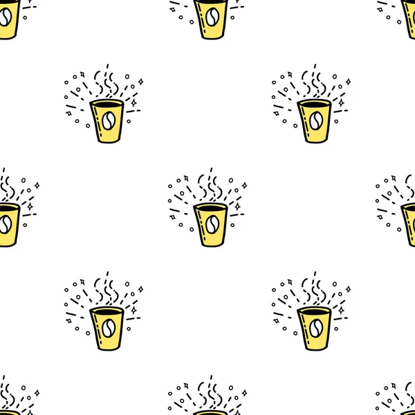 Seamless pattern with Illustration Coffee cup in a doodle style yellow color on white background — 图库矢量图片