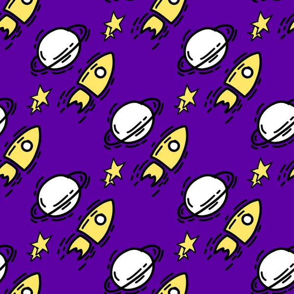Seamless pattern with Illustration space rocket a doodle style black yellow color on blue background
