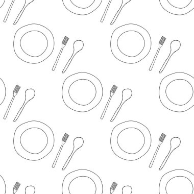 Mutfak gereçleri tabağı, kaşığı ve çatalı karalama stilinde kusursuz desen