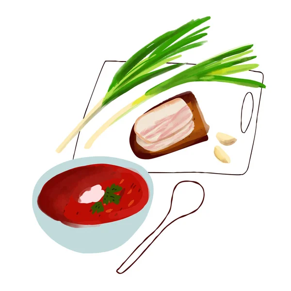 Illustration der ukrainischen Mittagsküche Borschtsch mit Roggenbrot mit Speck, grünen Zwiebeln und Knoblauch — Stockvektor