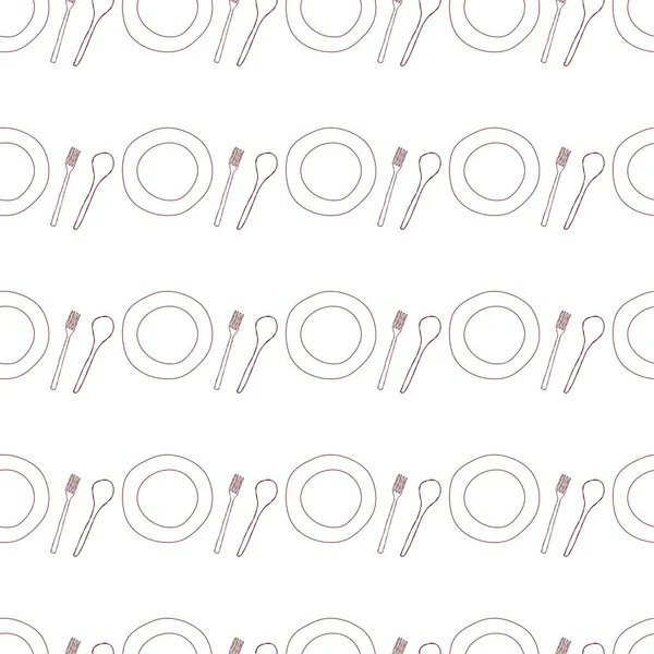 Mutfak gereçleri tabağı, kaşığı ve çatalı karalama stilinde kusursuz desen