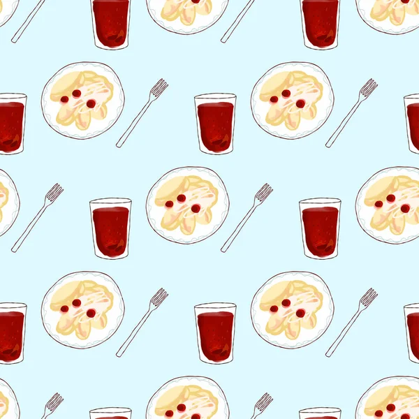 Seamless pattern with Illustration plate dessert vareniki with fruit compote.