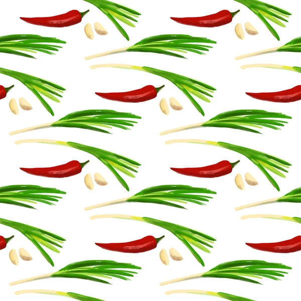 Motif Sans Couture Avec Chili Oignon Vert Illustration Ail Sur — Image vectorielle