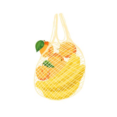 Beyaz arka planda meyve kayısı ve muzlu ağ torbası tasviri.