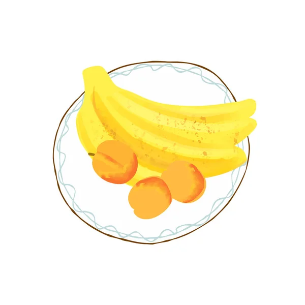 Illustration Eines Tellers Mit Aprikosen Und Bananen Auf Weißem Hintergrund — Stockvektor