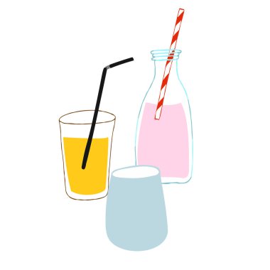 Beyaz arka planda izole edilmiş çeşitli bardaklardaki içkilerin tasviri.