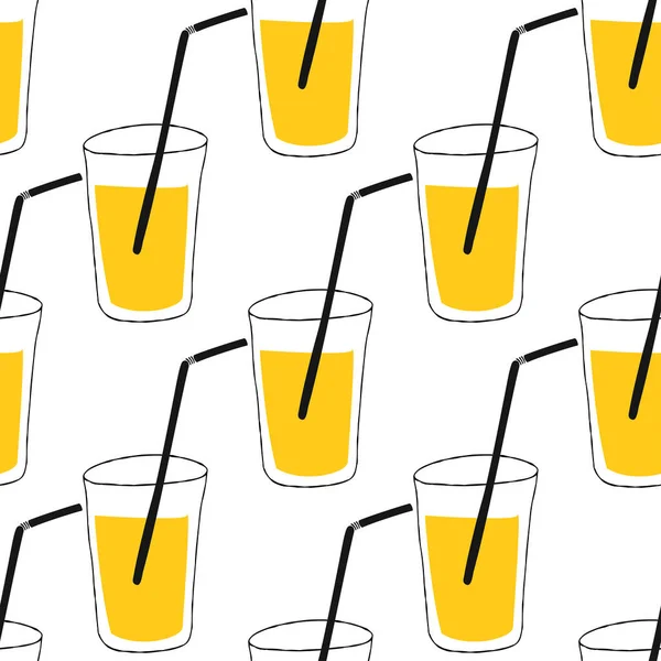 无缝隙图案 附有图解 附有一包橙汁和一只手绘风格的杯子 — 图库矢量图片