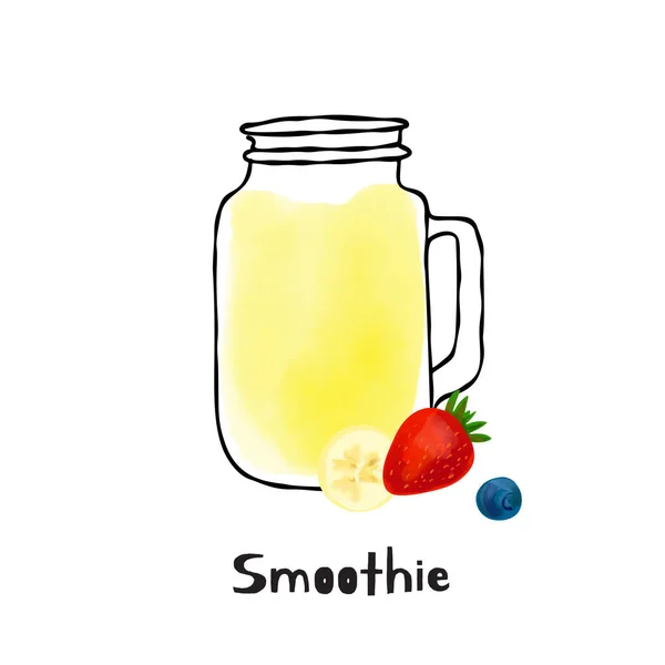 Illustration Smoothie Glas Und Frucht Bananen Und Erdbeerstücke — Stockvektor