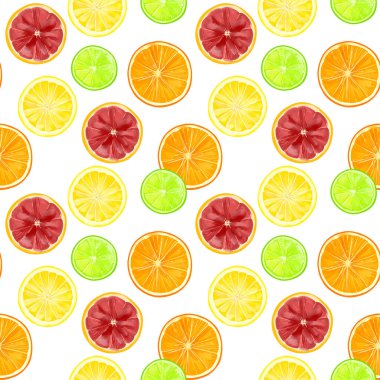 Beyaz arka planda turuncu, greyfurt, limon ve limonlu narenciye aromalı kusursuz desen..