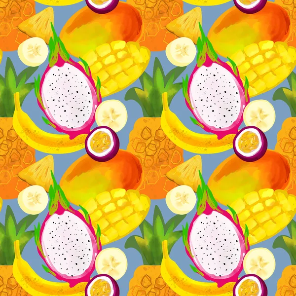 Patrón Sin Costuras Con Frutas Tropicales Con Mango Plátano Piña — Vector de stock