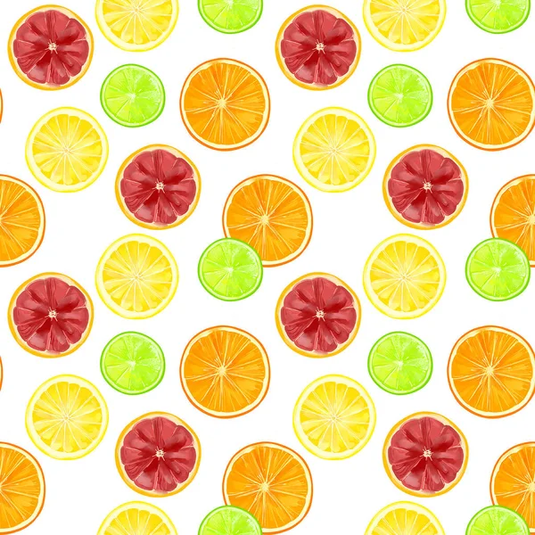 无缝隙图案 柑橘类水果 带有桔子 柠檬和石灰 白色背景 — 图库矢量图片