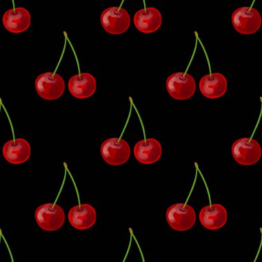 Siyah arka planda kırmızı kirazlı pürüzsüz desen.