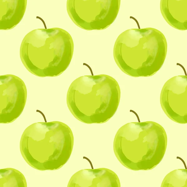 Nahtloses Muster Mit Illustration Grüne Äpfel Auf Hellgelbem Hintergrund — Stockvektor