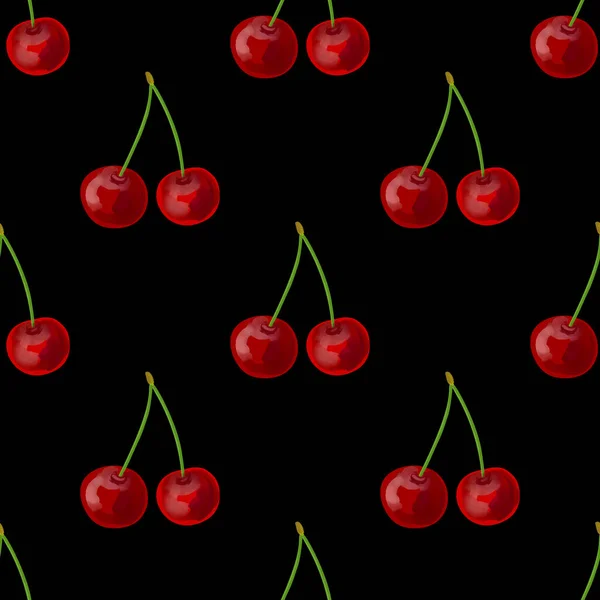 Nahtloses Muster Mit Roten Kirschen Auf Schwarzem Hintergrund — Stockvektor