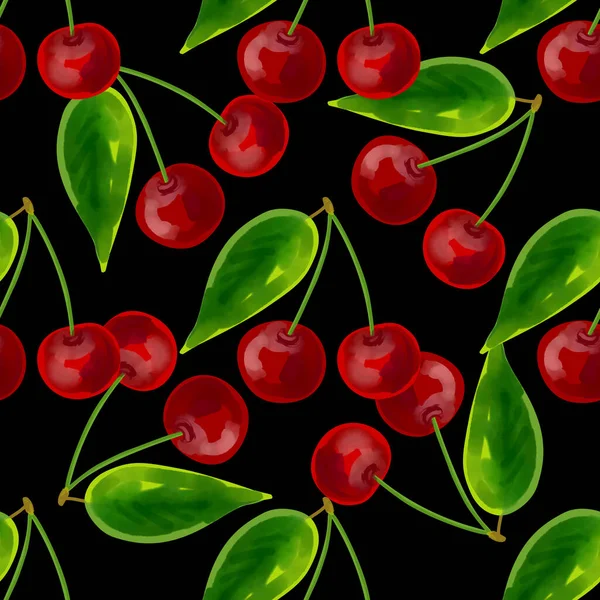 Bezešvé Vzor Červenými Třešněmi Černém Pozadí — Stockový vektor