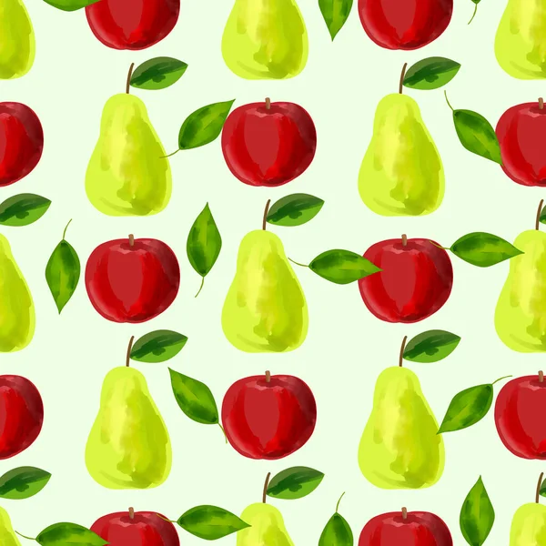 Bezešvé Vzor Iillustrace Zelená Hruška Červené Jablko Světlém Pozadí — Stockový vektor