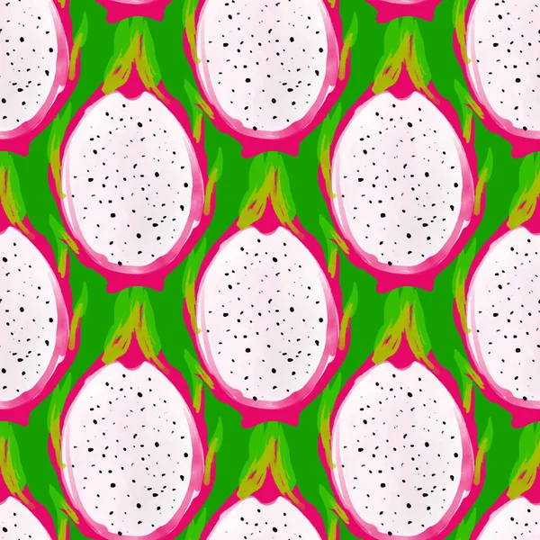 Modello Senza Cuciture Con Iillustrazione Pitahaya Uno Sfondo Verde — Vettoriale Stock