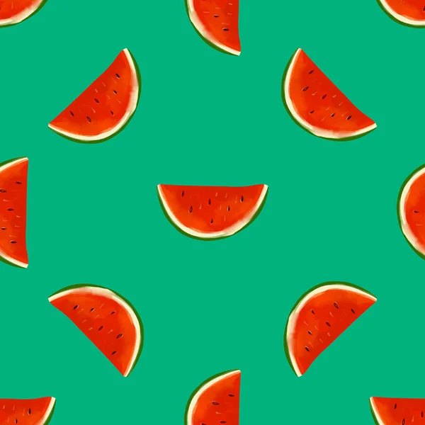 Nahtloses Muster Mit Iillustration Einer Wassermelone Auf Grünem Hintergrund — Stockvektor