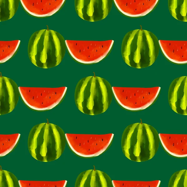 Seamless Pattern Iillustration Watermelon Slices Green Background — Stock vektor