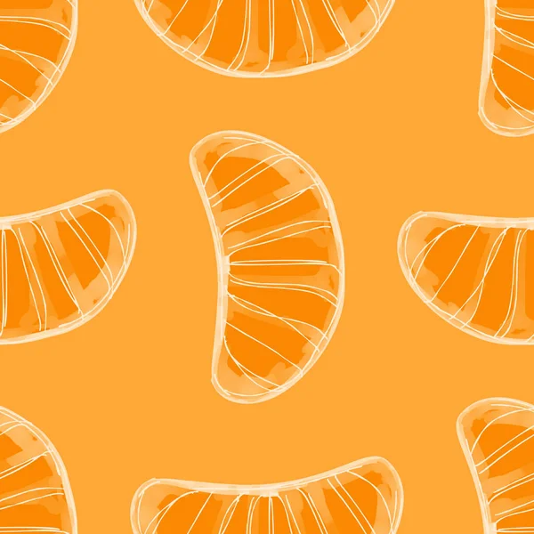 Nahtloses Muster Mit Einem Stück Mandarine Auf Orangefarbenem Hintergrund — Stockvektor