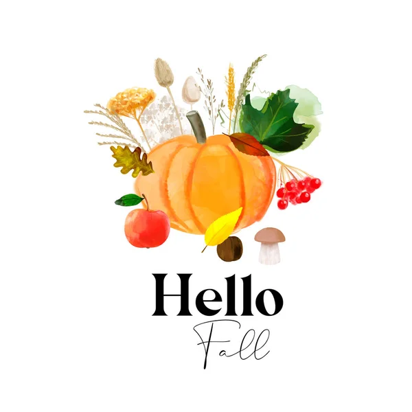 Autumn Harvest Illustration Pumpkin Apple Viburnum Leaves Text Hello Fall — Διανυσματικό Αρχείο