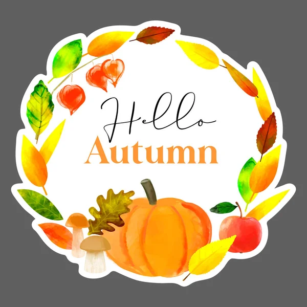 Sticker Autumn Leaves Wreath Illustration Text Hello Autumn — Vetor de Stock