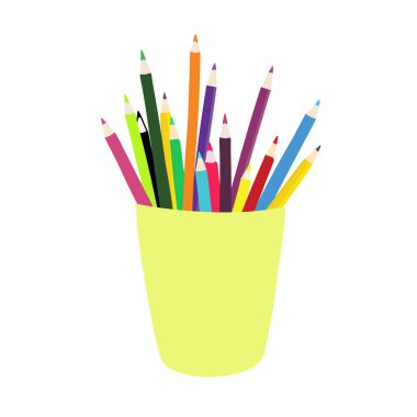 Illustration of a glass with multi-colored pencils isolated on a white background.